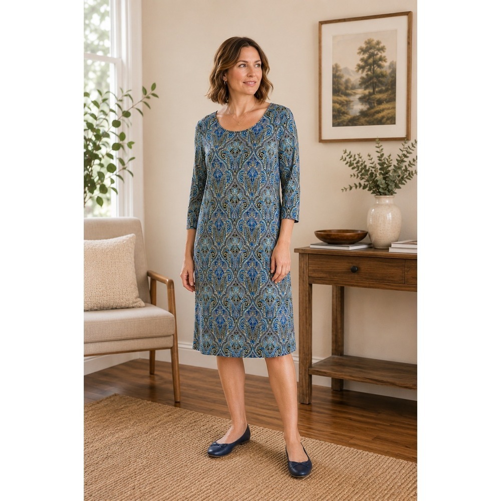 J. Jill Blue Paisley Jersey Dress L Stretch 3/4 Sleeve Travel Shift Boho